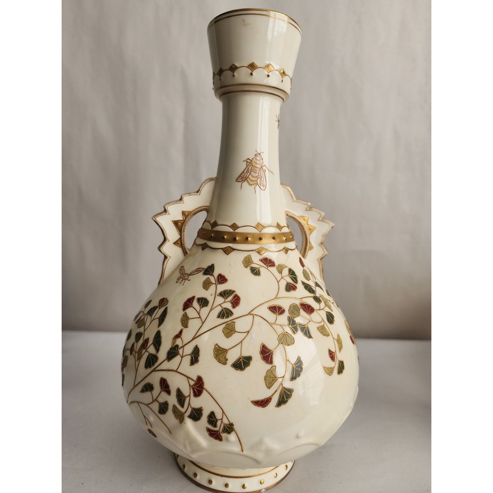 Antique Moore Brothers Porcelain Vase 10" Hand Painted Gilt Floral Insect Decor